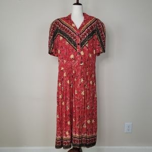 Vintage Gemini II Dress Womens 14 Red Abstract Short Sleeved Shift Collared Long